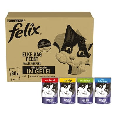Felix Pouch Elke Dag Feest In Gelei Tonijn / Kabeljauw / Rund / Kip - NATVOER - BrokjesKoning.nl