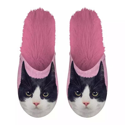 Merkloos Pantoffel Zwart Witte Kat Roze - CADEAU ARTIKELEN - BrokjesKoning.nl